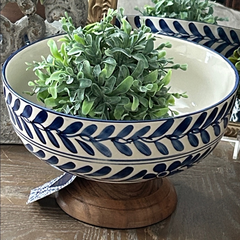 NEW! Shabby Chic Mediterranean Blue Vine Wood Pedestal Serving Bowl